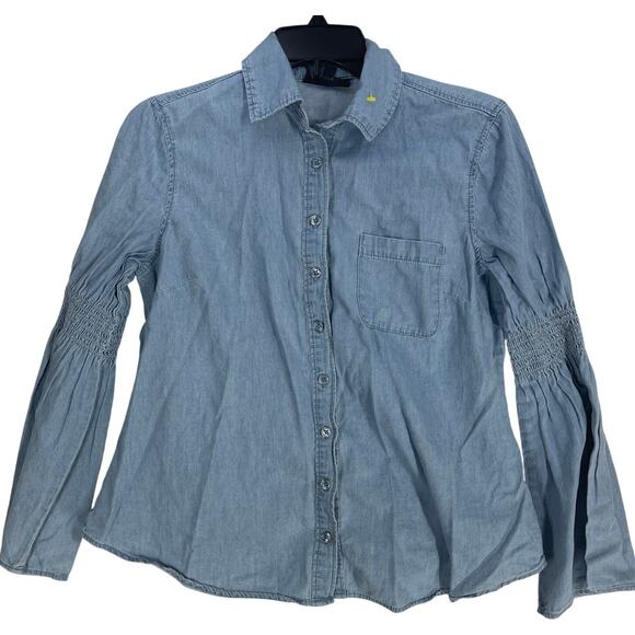 DG2 Button Up Top XS Blue Chambray Minimalist Coastal Y2K 100% Cotton STAIN - Picture 1 of 7